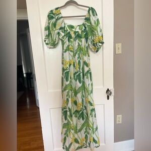 J. McLaughlin Larissa Green and Yellow Puff Sleeve Maxi Sundress